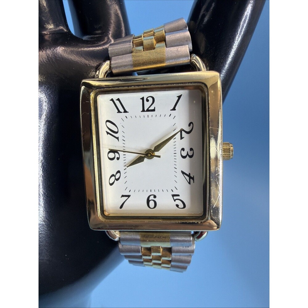 Gold Rectangular Watch Quartz JAPAN Movement Two Tone Band